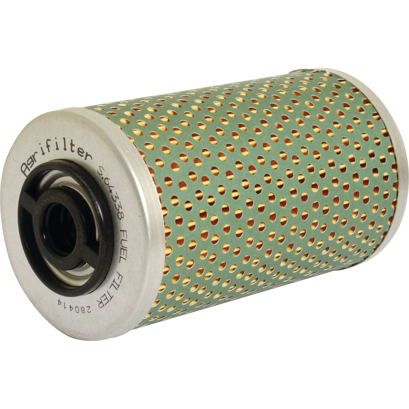 The fuel filter features a cylindrical design with a green perforated outer casing and a metal rim, labeled "Sparex (Agrifilter) S.64338 FUEL FILTER." It is compatible with Claas DOMINATOR.