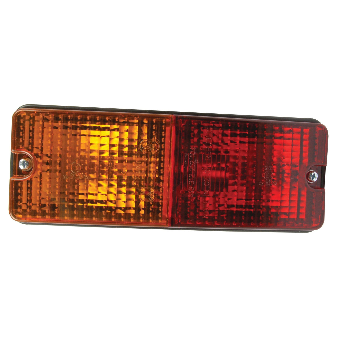 A Sparex Rear Combination Light (Halogen), Function: 3, featuring a 12V brake/tail/indicator setup with an amber section on the left and a red halogen section on the right, both with a textured surface and secured by screws at both ends.