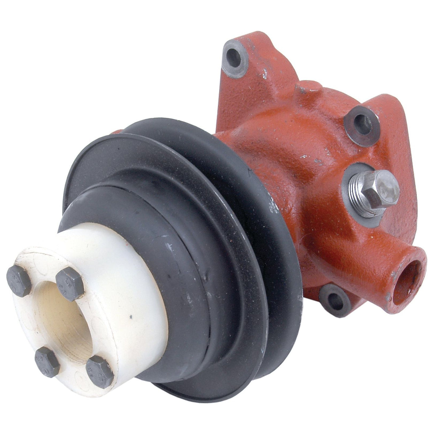 A Water Pump Assembly (Supplied with Pulley), branded as Sparex Part No. S.64347, is a red mechanical part with black and white components, featuring several bolts and a knob, similar to those used in Zetor 5011 tractors.