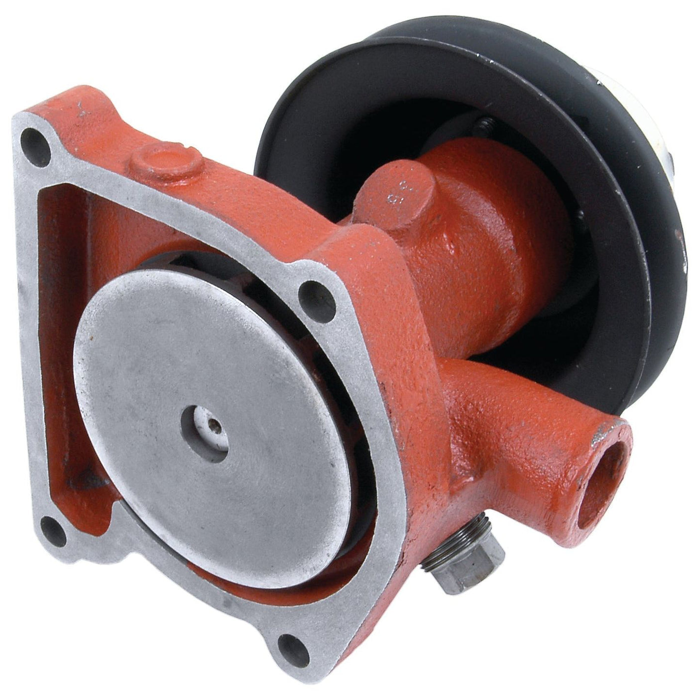 A Water Pump Assembly (Supplied with Pulley) by Sparex, Part No. S.64347, featuring a red cast iron body, circular silver impeller, V-Style pulley, and an included mounting bracket.