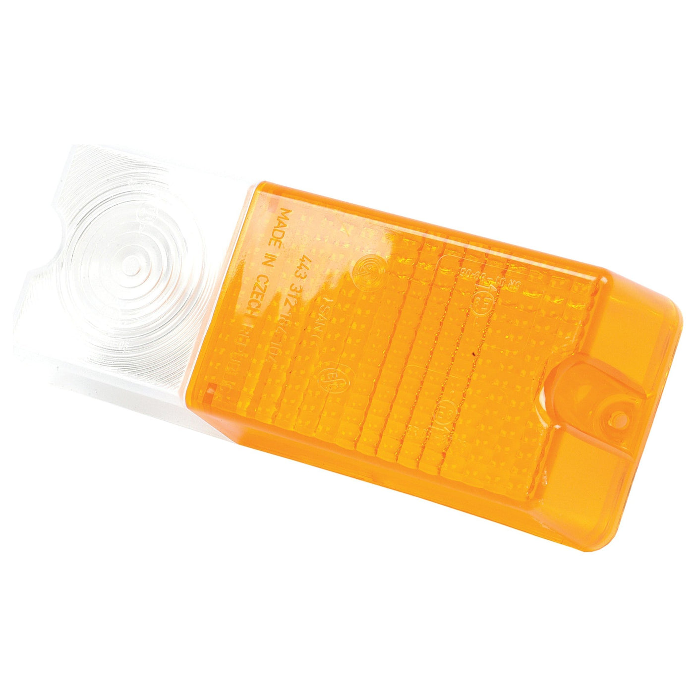 An orange rectangular reflector with a clear lens on one end, labelled "Made in Czech," suitable as a Sparex replacement lens, Replacement Lens, Fits: S.64734 (Sparex Part No.S.64351).