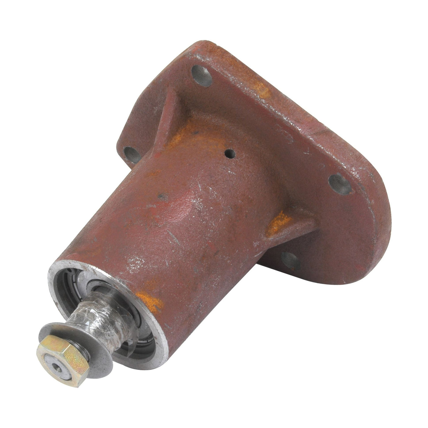 Close-up of a rusted metal mechanical component with a cylindrical shape, four mounting holes, and a bolt protruding from one end; it resembles an old Sparex Water Pump Assembly (Supplied with Pulley) - Sparex Part No. S.64353.