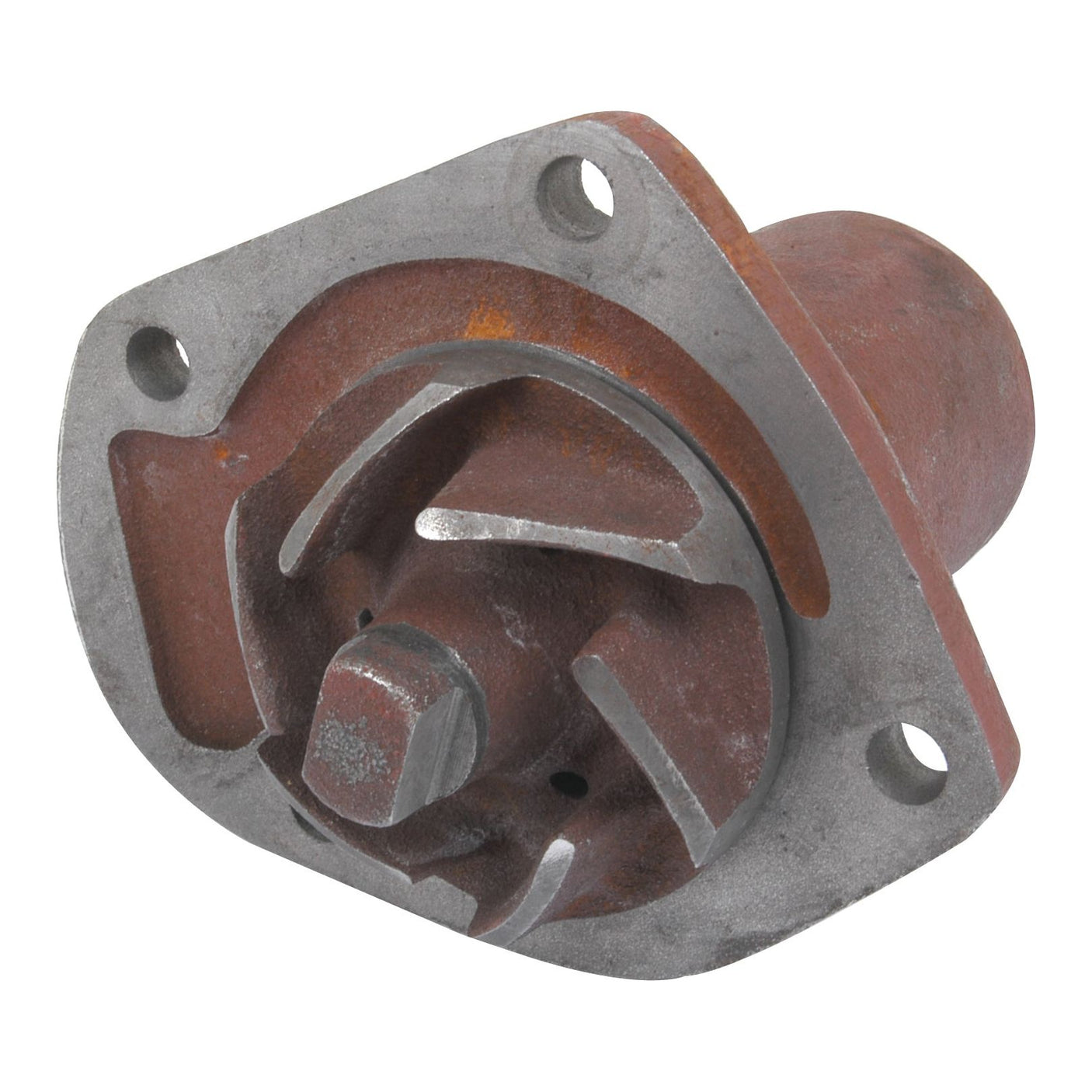 A close-up of a rusty, industrial mechanical part from a Zetor tractor, featuring four mounting holes and a central gear-like structure, specifically identified as the Water Pump Assembly (Supplied with Pulley) by Sparex, Part No. S.64353.