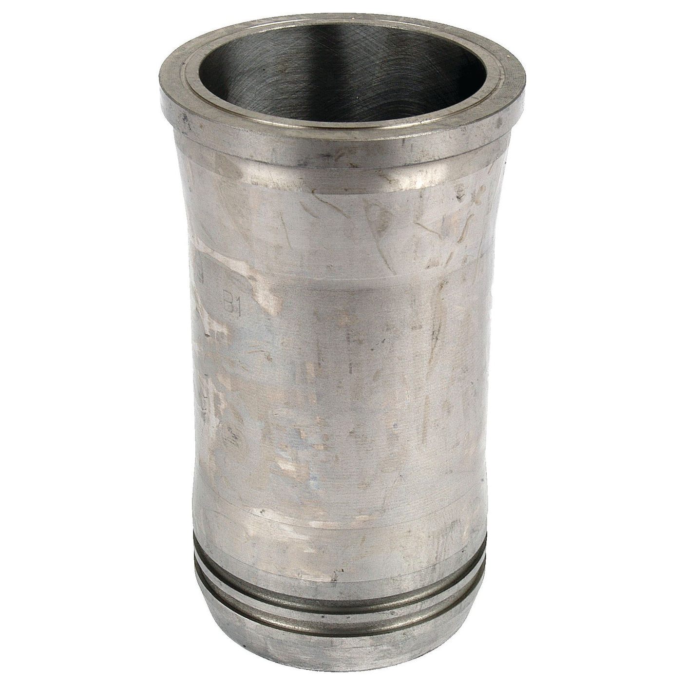 A Piston Liner (Finished) from Sparex, part number S.64354, has a metallic cylindrical form with a flared top opening and visible wear marks on its surface, reminiscent of well-used John Deere Replacement Parts. Its bottom features two circular grooves.
