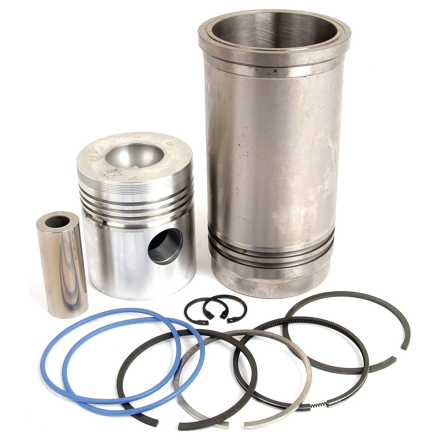 A collection of engine components, featuring a piston, chrome-plated cylinder liner, and several seals and rings from the Sparex Piston Ring and Liner Kit (Sparex Part No. S.64378), displayed against a white background.