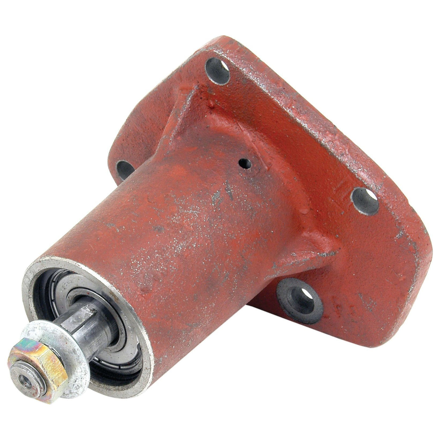 A Water Pump Assembly with Pulley, Sparex Part No.S.64441, by Sparex, featuring a red, cylindrical metal casing with a flange that includes four bolt holes and a protruding shaft, suitable for Zetor 12011 applications.