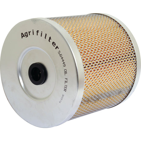 A cylindrical Sparex Power Steering Filter Element (Sparex Part No. S.64449) with metallic ends and a mesh-like exterior, compatible with John Deere tractors.