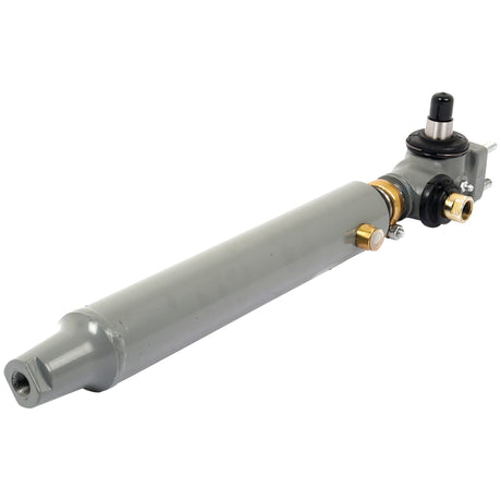 Image of a light gray hydraulic cylinder with several fittings and a black valve on one end, known as the Power Steering Cylinder, Sparex Part No.S.64450, commonly used in Zetor tractors.