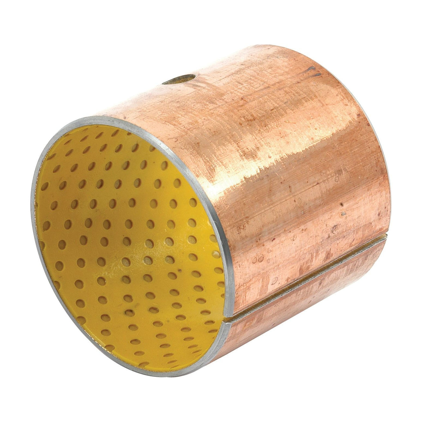 A cylindrical Sparex Spindle Bush (Part No. S.64458) with a copper-colored exterior and a yellow perforated interior.