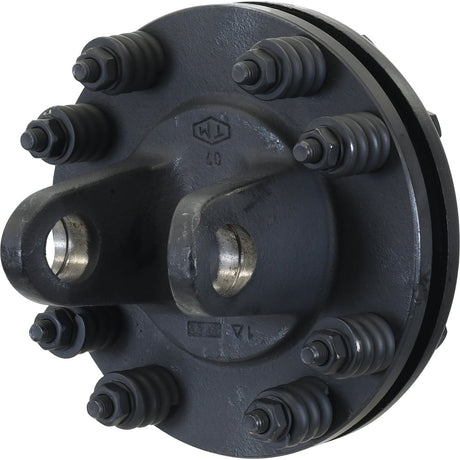 The Sparex PTO Friction Clutch (U/J Size: 32 x 76mm, Size: 1 3/8''-6 Spline - S.6448) features a black mechanical coupling with eight hex nuts arranged in a circular pattern and two central bolt holes, making it ideal for PTO Series applications.