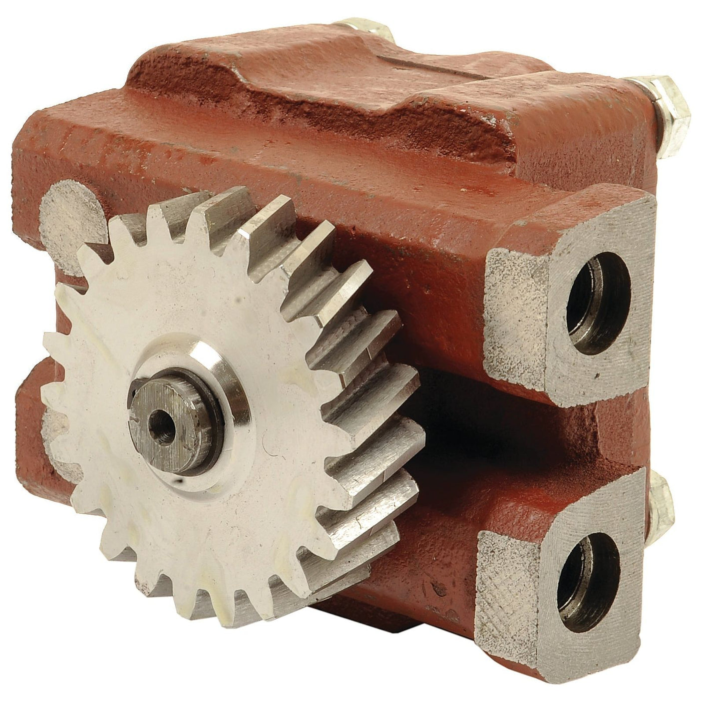 A metallic gear mounted on a rectangular, rust-colored housing, featuring two openings on either side for connections, reminiscent of the robust design found in the Sparex Engine Oil Pump | Part No. S.64503 from Sparex.