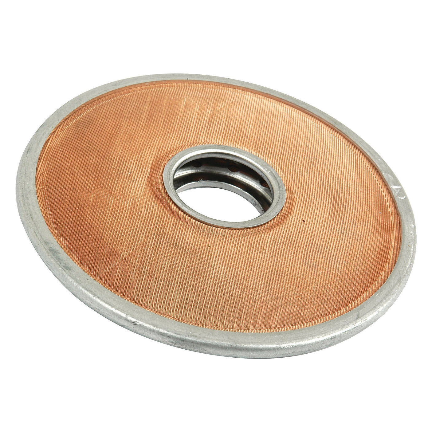 The Sparex Filter Gauze - Oil Pump (Part No. S.64504) is a circular copper mesh filter disc with a central hole, bordered by a metallic ring, designed to serve as an efficient filter gauze for various applications.