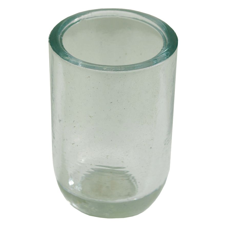 A clear, cylindrical glass cup with thick walls and a smooth surface, reminiscent of the classic design of the Fiat 411R's Fuel Bowl (Sparex Part No.S.64507 from Sparex), placed on a solid white background.