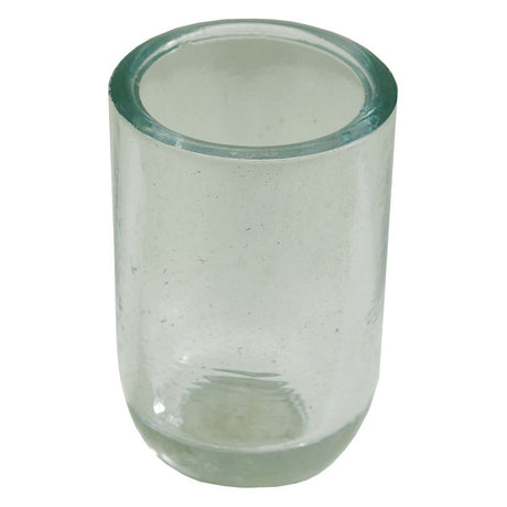 A clear, cylindrical glass cup with thick walls and a smooth surface, reminiscent of the classic design of the Fiat 411R's Fuel Bowl (Sparex Part No.S.64507 from Sparex), placed on a solid white background.