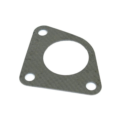 A triangular metal gasket with a large central hole and three smaller peripheral holes, ideal for Zetor machinery and compatible with Sparex parts. Check out the Exhaust Manifold Gasket by Sparex, Part No. S.64532.