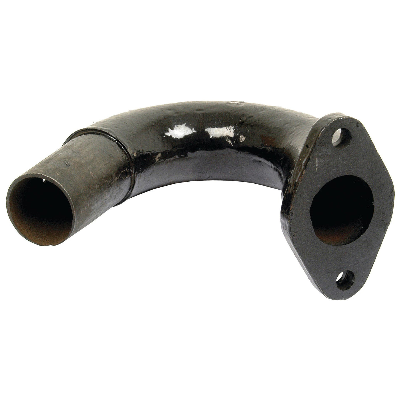 The Sparex Exhaust Elbow - Push on Silencer (Part No. S.64542) is a curved, black metal component featuring a flange on one end and an open round end on the other, specifically designed to fit seamlessly with a push-on silencer.