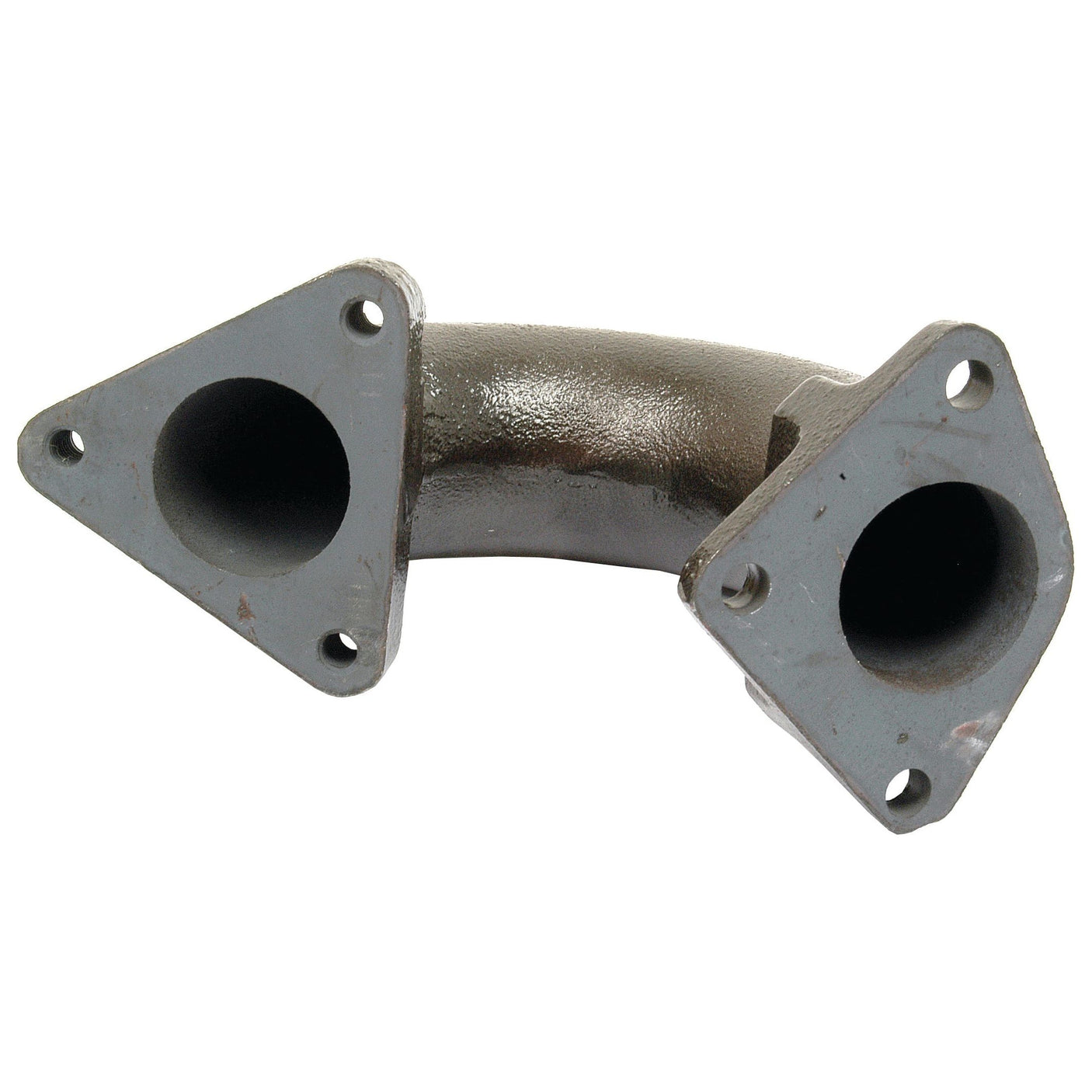 The Sparex Exhaust Elbow - Bolt on (Part No. S.64543) is a metallic, curved exhaust pipe featuring two triangular flanges, each with three bolt holes, and is designed to be Zetor compatible.