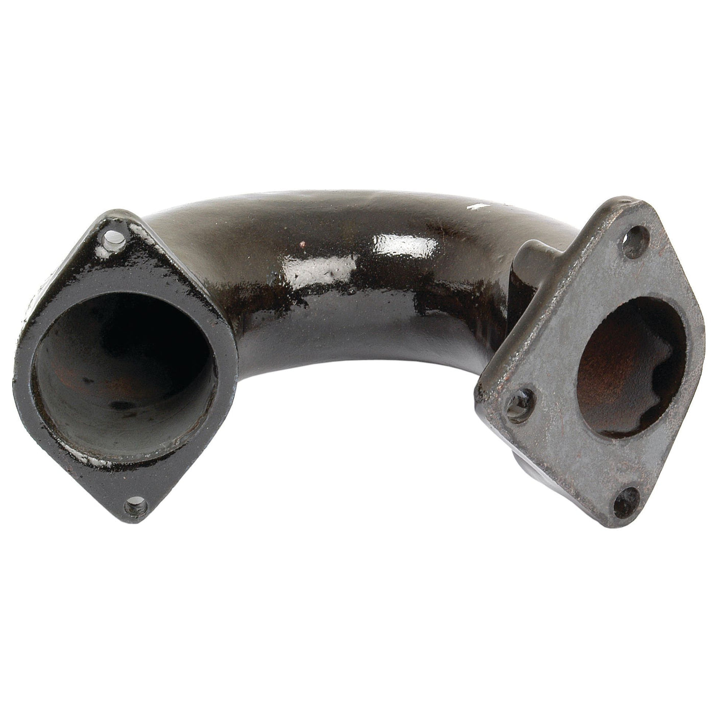 The Sparex Exhaust Elbow - Clip on (Sparex Part No. S.64544) is a black metal pipe with flanged ends that include multiple bolt holes, making it ideal for various industrial applications such as plumbing or exhaust systems. This design is also utilized in Clip on Exhaust assemblies for models like the Zetor 3320.