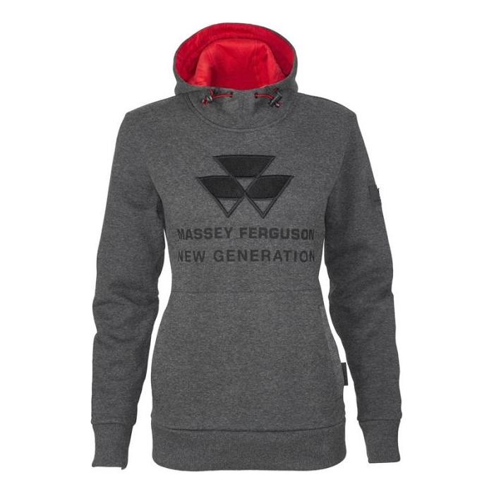 The AGCO Massey Ferguson Ladies Hoodie - X993321703 is a casualwear piece crafted from grey jersey, featuring a red-lined hood and adorned with the Massey Ferguson logo, "Massey Ferguson New Generation" text, and three black geometric shapes on the chest.