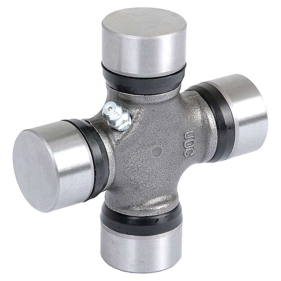 A metal universal joint like the Sparex Universal Joint - 27 x 82mm (Standard Duty), featuring four cylindrical ends and a central cross-shaped body, is typically used in automotive and other heavy-duty applications, including machinery from brands like Allis Chalmers.