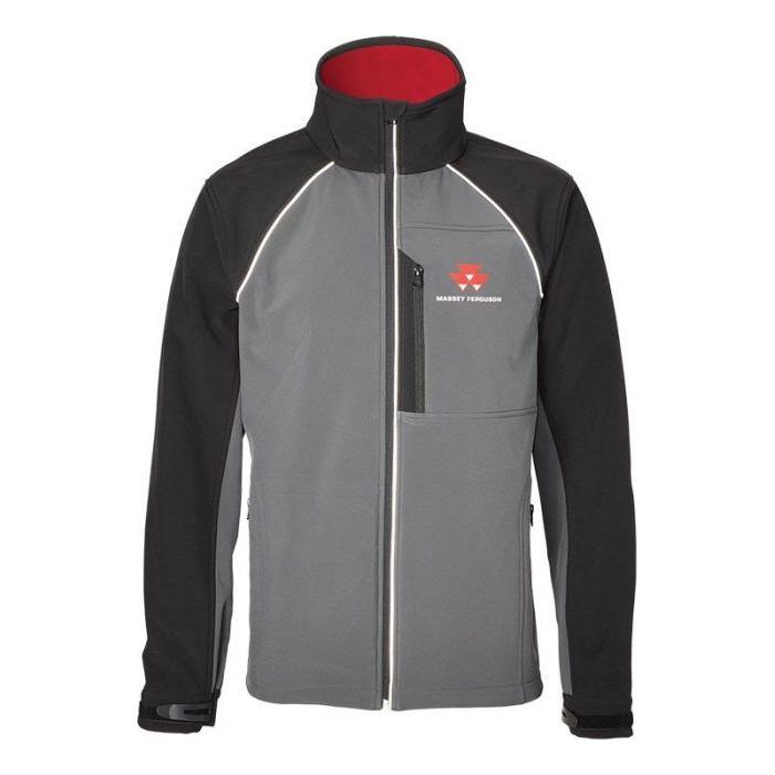 The Massey Ferguson - Mens Softshell - X993311804 by AGCO is a grey and black jacket featuring a red Massey Ferguson logo and text on the chest, complete with a front zipper, reflective detailing, and adjustable wrist straps.