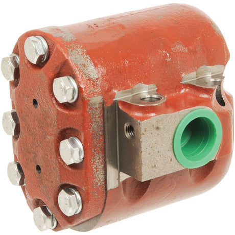 The Sparex Hydraulic Pump - S.64685 features a red industrial design with a green port and multiple silver bolts securing the end plates. Despite showing signs of wear on the housing, it boasts a high flow rate and efficiently handles maximum pressure.