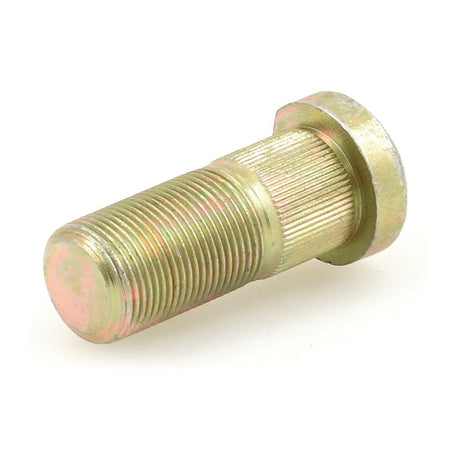 Close-up image of a Sparex Wheel Stud M22 x 1.5 x 55mm (Metric) Grip Ø: 22.5mm - S.64702, with a gold-colored metal body that is partially threaded and features a hexagonal flange near the head, placed on a plain white background.