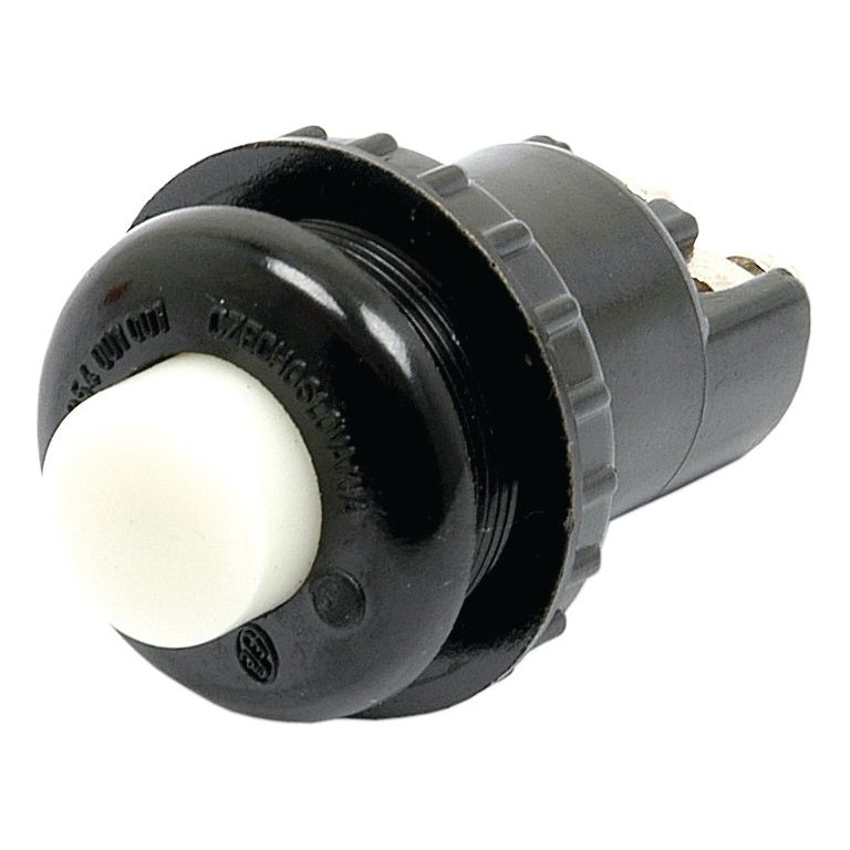 The Starter Button (Sparex Part No.S.64722) by Sparex is a black, cylindrical push button switch with a white button, specifically designed for electrical devices and ideal for use as a starter button in Sparex and Zetor equipment.