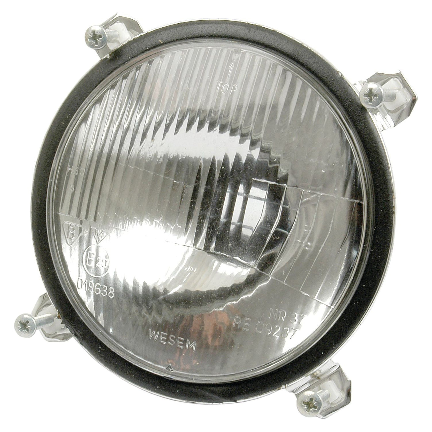 Introducing the Sparex Head Light (Halogen), RH, RH Dip, 12V - S.64732: A round automotive headlight featuring a durable glass lens and black housing. This headlight showcases visible internal filaments and external metal fixtures at four points, ensuring optimal visibility and lasting durability.