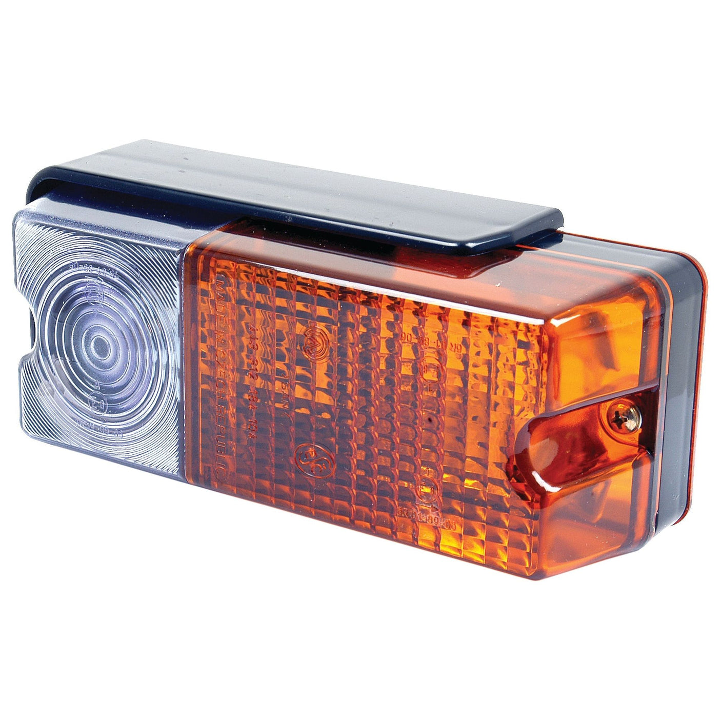 The Sparex Front Combination Light (Halogen), 12V, RH & LH, Straight - S.64734 is a rectangular vehicle indicator light assembly with a clear lens section on the left and an amber clear lens on the right. It includes a black mounting bracket on top and uses a halogen light source for optimal visibility.