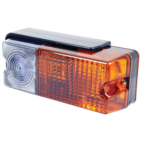 The Sparex Front Combination Light (Halogen), 12V, RH & LH, Straight - S.64734 is a rectangular vehicle indicator light assembly with a clear lens section on the left and an amber clear lens on the right. It includes a black mounting bracket on top and uses a halogen light source for optimal visibility.