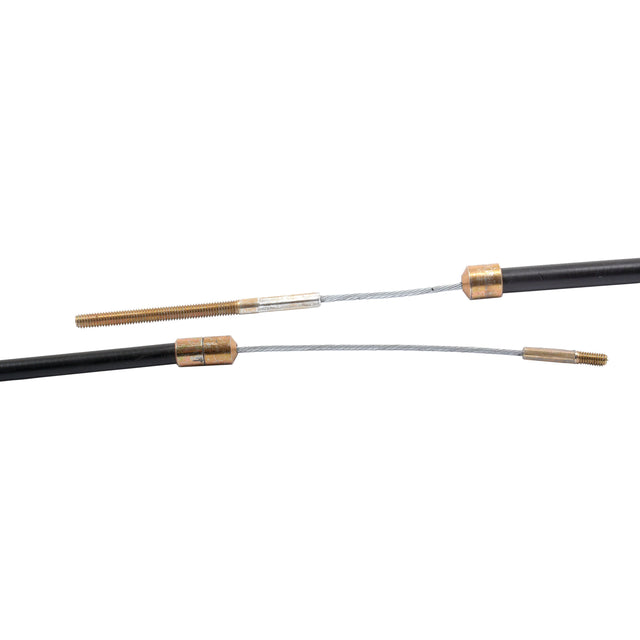 Two black Sparex brake cables with threaded brass connectors, one cable partially encasing a thin, flexible steel wire extending outward; the total length is 660mm and the outer cable length is 350mm. Product number: S.64742.