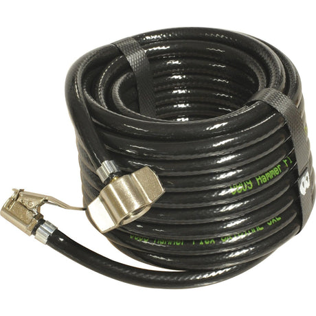 A coiled black Compressor Hose from Sparex (Part No. S.64768) with metal fittings on both ends, secured with black straps, resembling a durable rubber hose.