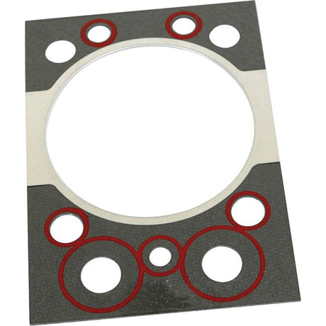 A rectangular Sparex head gasket - 1 Cyl. (Z2001, Z3001, Z4001, Z5001) with multiple circular cutouts and red outlines. The central hole is the largest, surrounded by smaller holes of varying sizes, designed for seamless integration with Zetor engines | Sparex Part No.S.64770.
