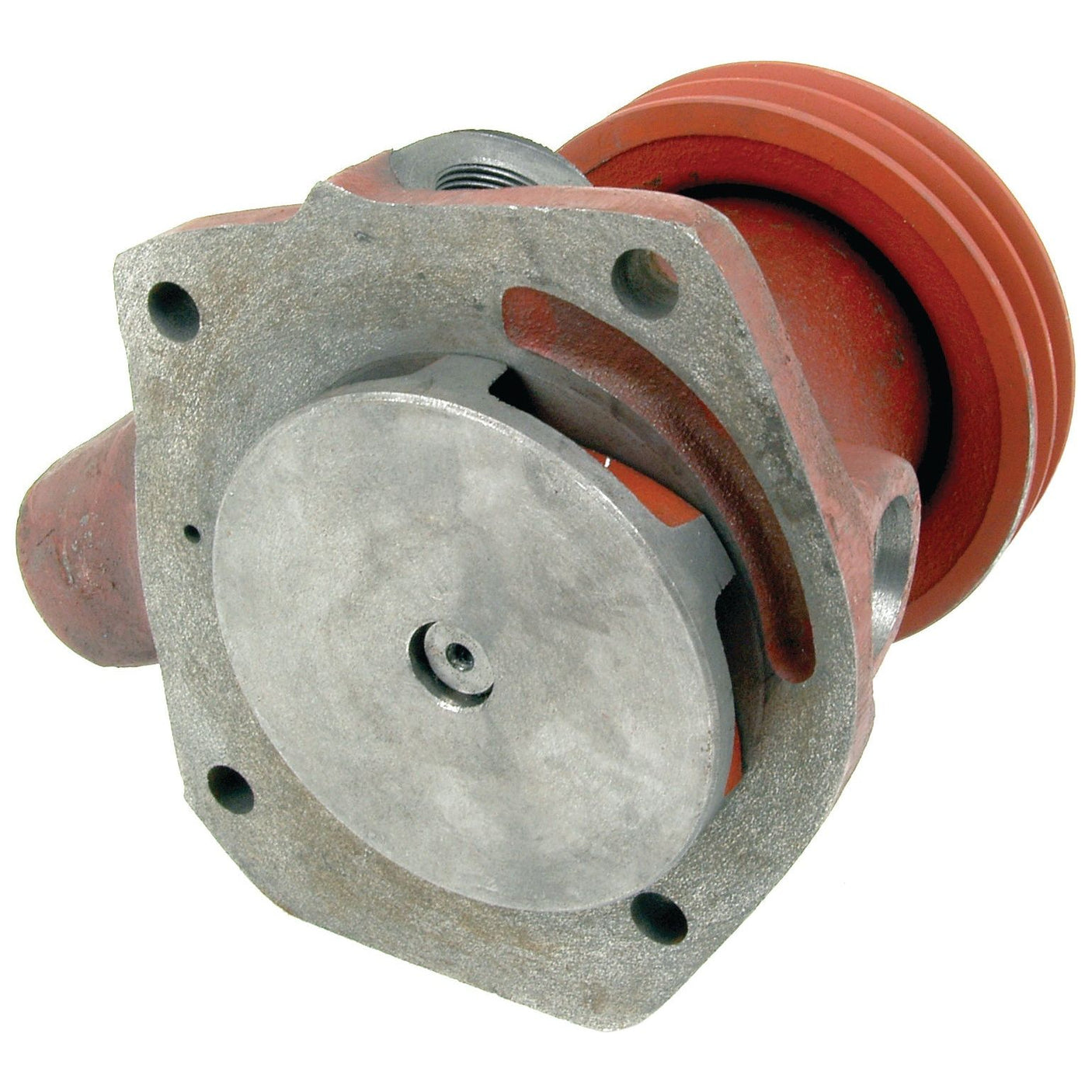 A close-up of the Water Pump Assembly (Supplied with Pulley) by Sparex, Part No. S.64813, showcasing a circular component and a red section featuring a series of grooves, reminiscent of those found in a Poly-Vee Pulley.