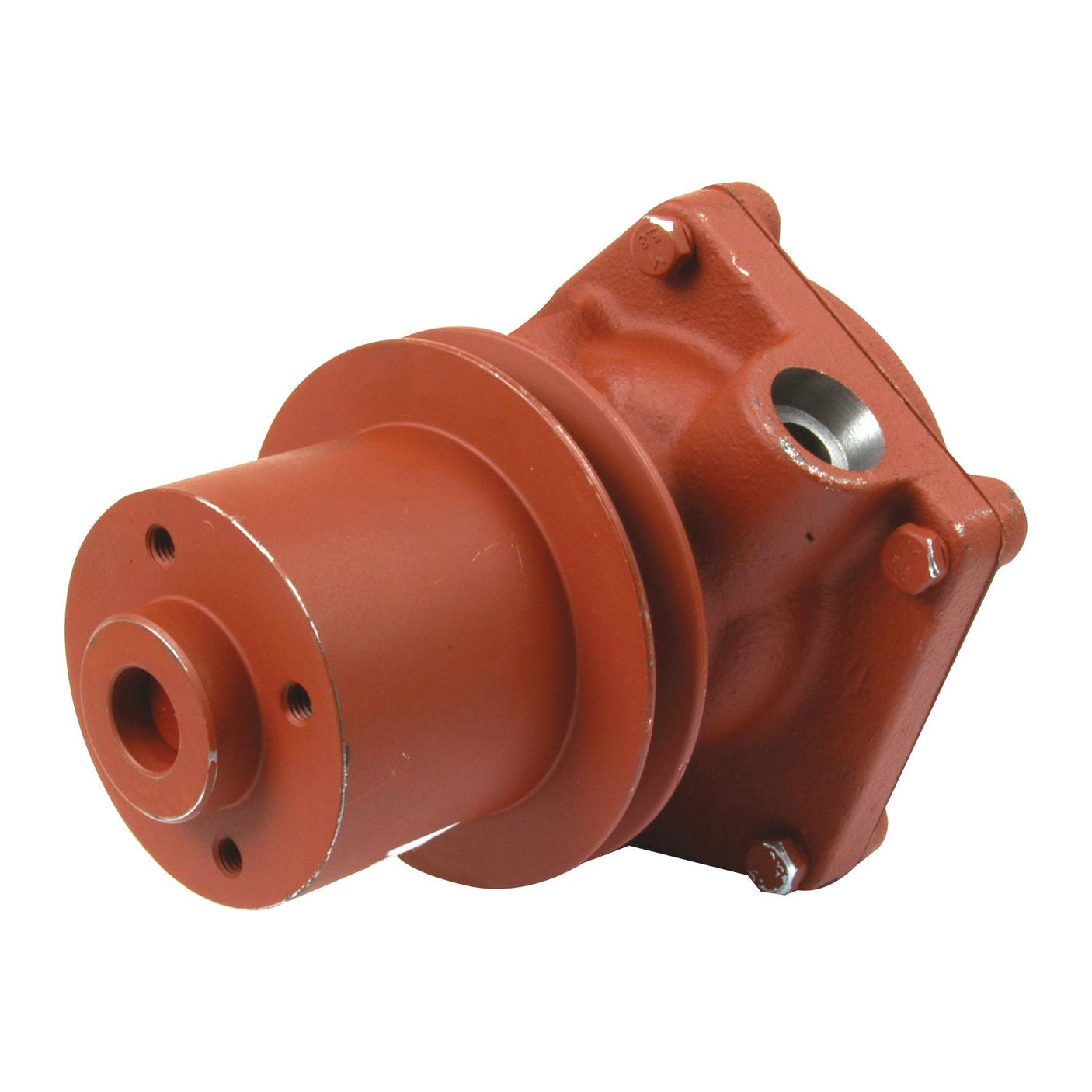 A red industrial mechanical part with a cylindrical end, a bolted square flange, and the Single Groove Half Pump Housing of the Sparex Water Pump Assembly (Supplied with Pulley) - S.64814 fitting seamlessly with its design.