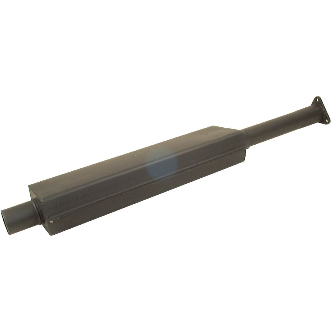 The Silencer - Vertical - S.64827 by Sparex is a black rectangular muffler with a sleek black finish, featuring an inlet pipe on one end and an outlet pipe on the other, ensuring optimal performance and durability.