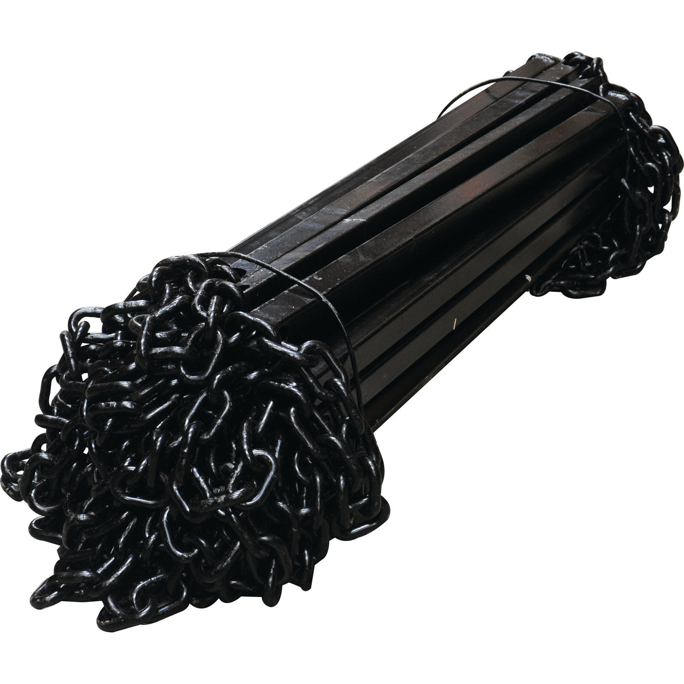 A bundled set of black metal fence posts, identified as TM94336516, is tied together with a Sparex chain (Approx Length 9 Meters), part number S.64855.