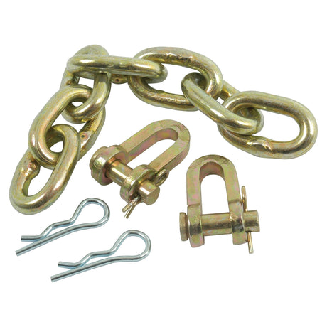 A Sparex Check Chain, featuring 7 large links with holes measuring Ø51x95mm (Part No. S.64), along with two D-shackles and two cotter pins, is arranged on a white background, evoking the rugged durability characteristic of Massey Ferguson machinery.