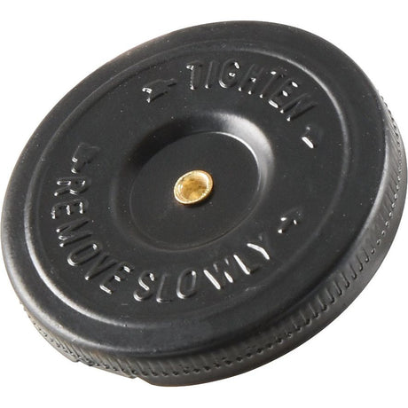 A Fuel Cap With Lock by Sparex (S.65002) is black and labeled "TIGHTEN" and "REMOVE SLOWLY." It features a small brass insert in the center and is designed with an external bayonet for secure attachment.