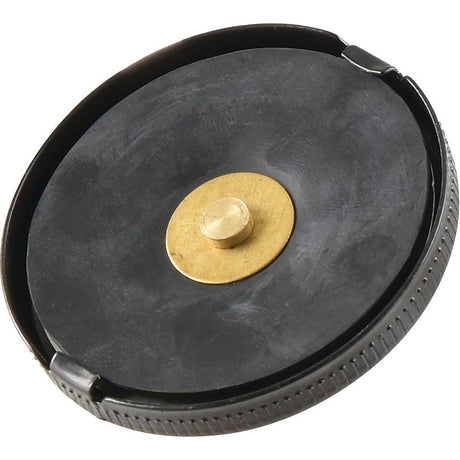 A circular, black Fuel Cap With Lock - S.65002 by Sparex, featuring a brass center bolt and a sleek metal bayonet external design.