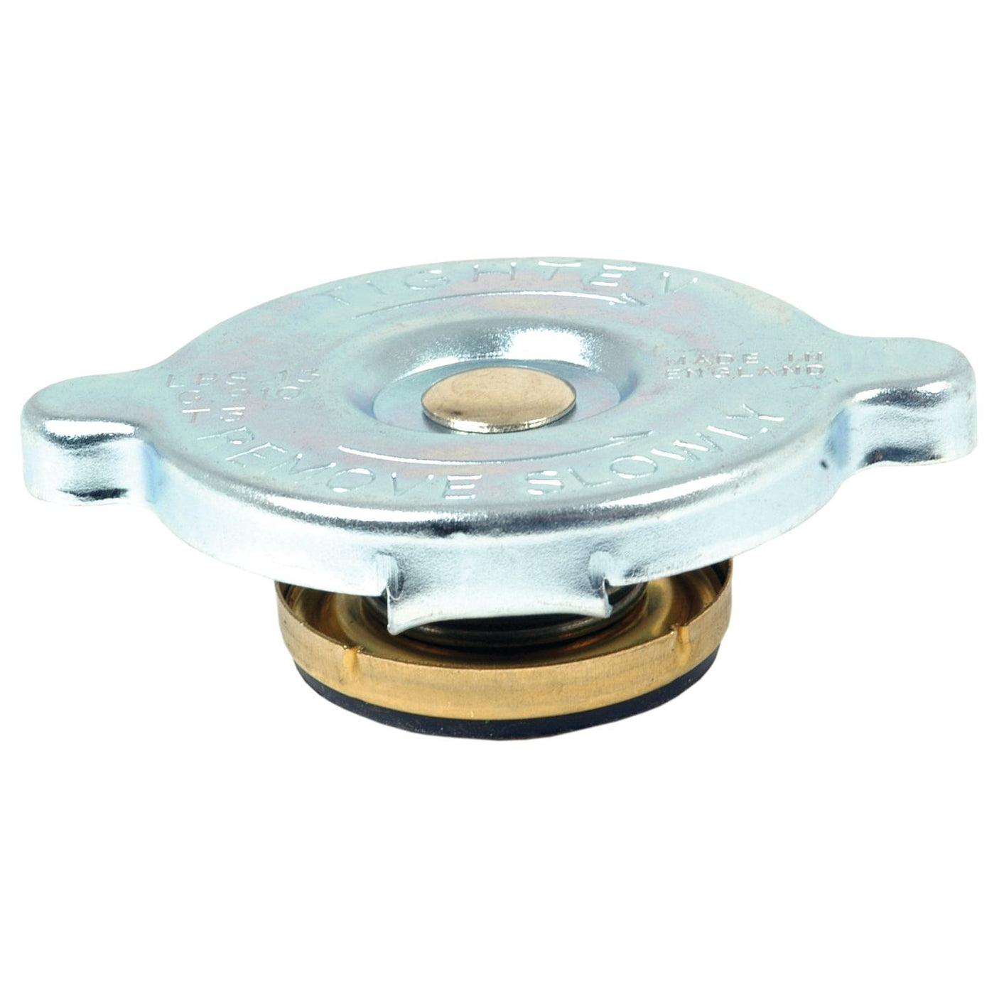 The Sparex Radiator Cap - S.65005 is a silver, round-shaped cap with two side tabs and a rubber seal. Made of durable metal, this cap is designed to handle pressure up to 13 psi and features the words "TIGHTEN" and "REMOVE SLOWLY" engraved on the top.