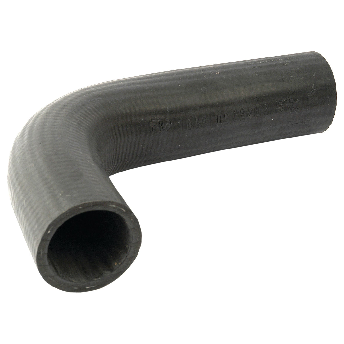 The Sparex Top Hose (Sparex Part No. S.65009), a black, flexible rubber hose with both ends having inner diameters of 37mm, and secured with a hose clip at a 90-degree angle, is ideal for plumbing or automotive uses and compatible with Ford/New Holland tractors.