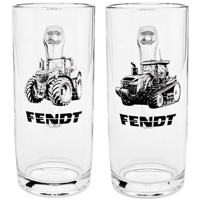 The AGCO Fendt Glass Tankards 2-Piece Set (X991018222000) features two clear glass tankards with Fendt tractor illustrations and the Fendt logo, perfect for drinking enjoyment that Fendt fans will love.