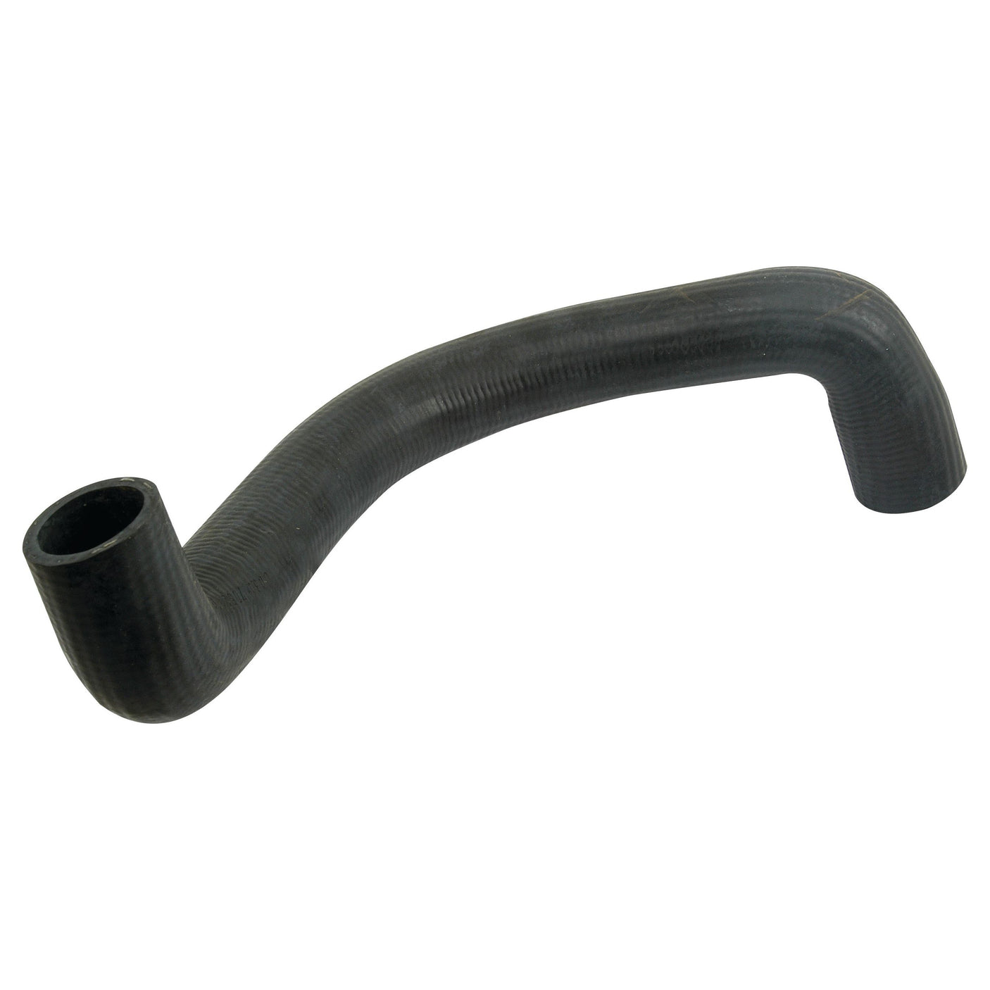 A Sparex Bottom Hose (Sparex Part No.S.65010) featuring a black, curved rubber construction with an inner diameter of 32mm at the smaller end and 36mm at the bigger end, secured by a hose clip and isolated on a white background, with one open end facing upward.
