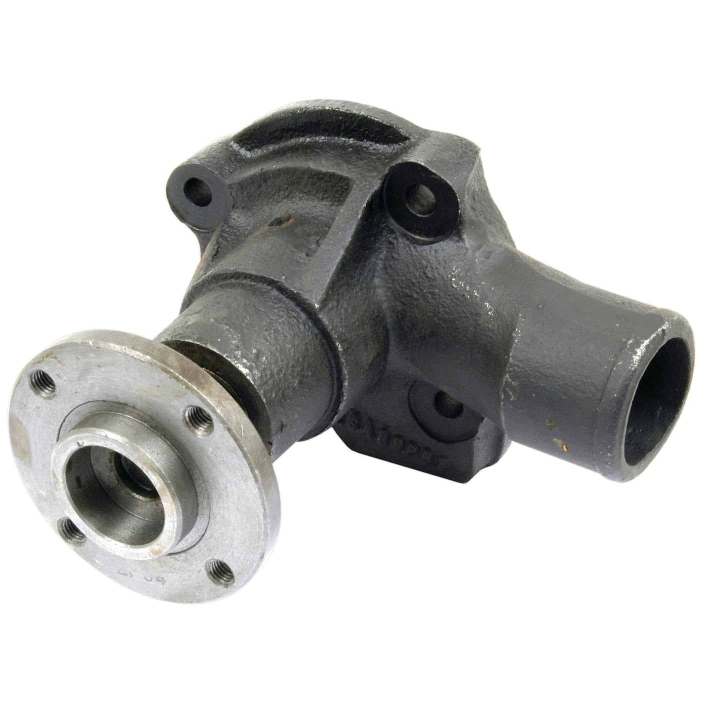 A close-up image of a gray industrial metal part, resembling the Sparex Part No.S.65015 Water Pump Assembly (Supplied with Pulley), with several bolt holes and a cylindrical shaft opening.