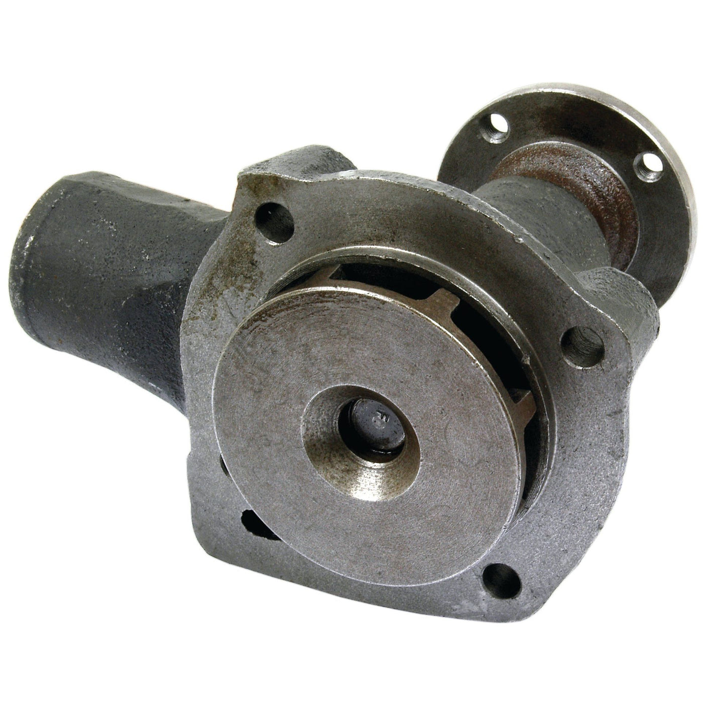 A rusted metal Water Pump Assembly (Supplied with Pulley) from Sparex, part no. S.65015, featuring a cylindrical body, a flat circular face with a central hole, and mounting flanges on both ends. It appears to be compatible with a Ford New Holland tractor and could have its Sparex impeller replaced for enhanced performance.