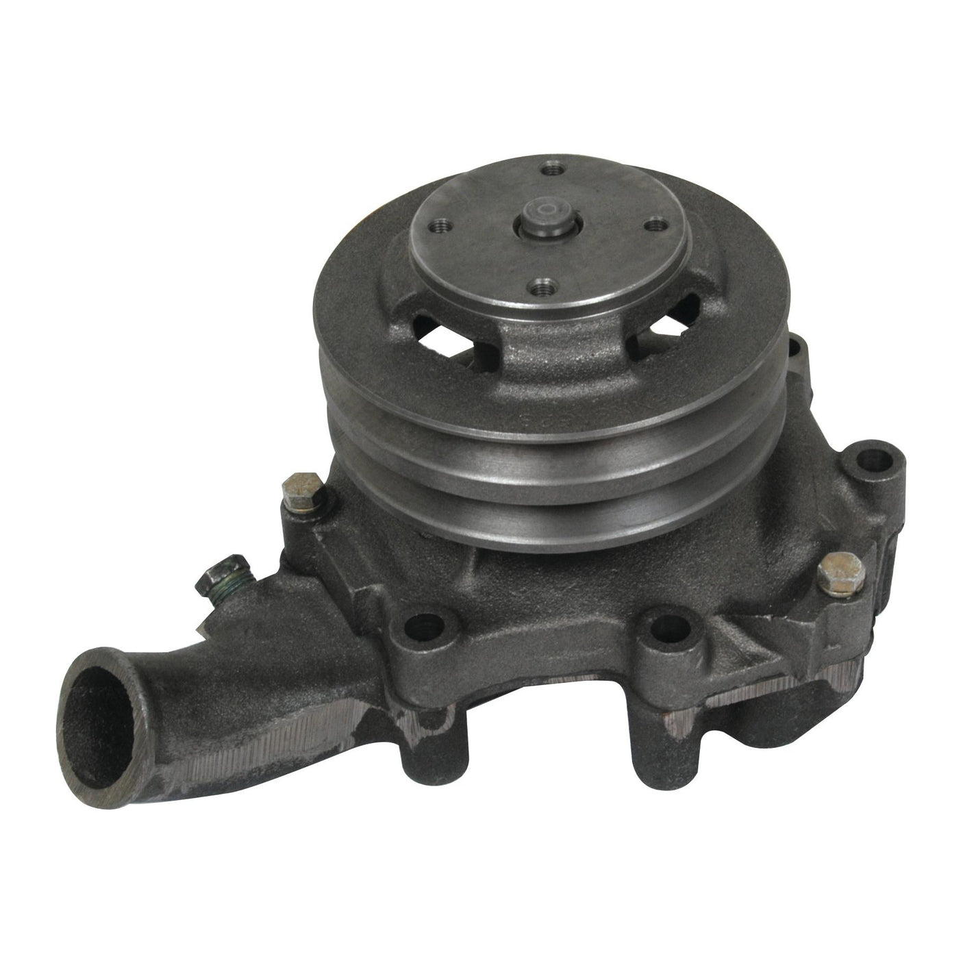 A Water Pump Assembly (Supplied with Pulley) - S.65017 by Sparex, featuring a gray metal construction with a Poly-Vee pulley system and mounting bolts, ideal for automotive applications.