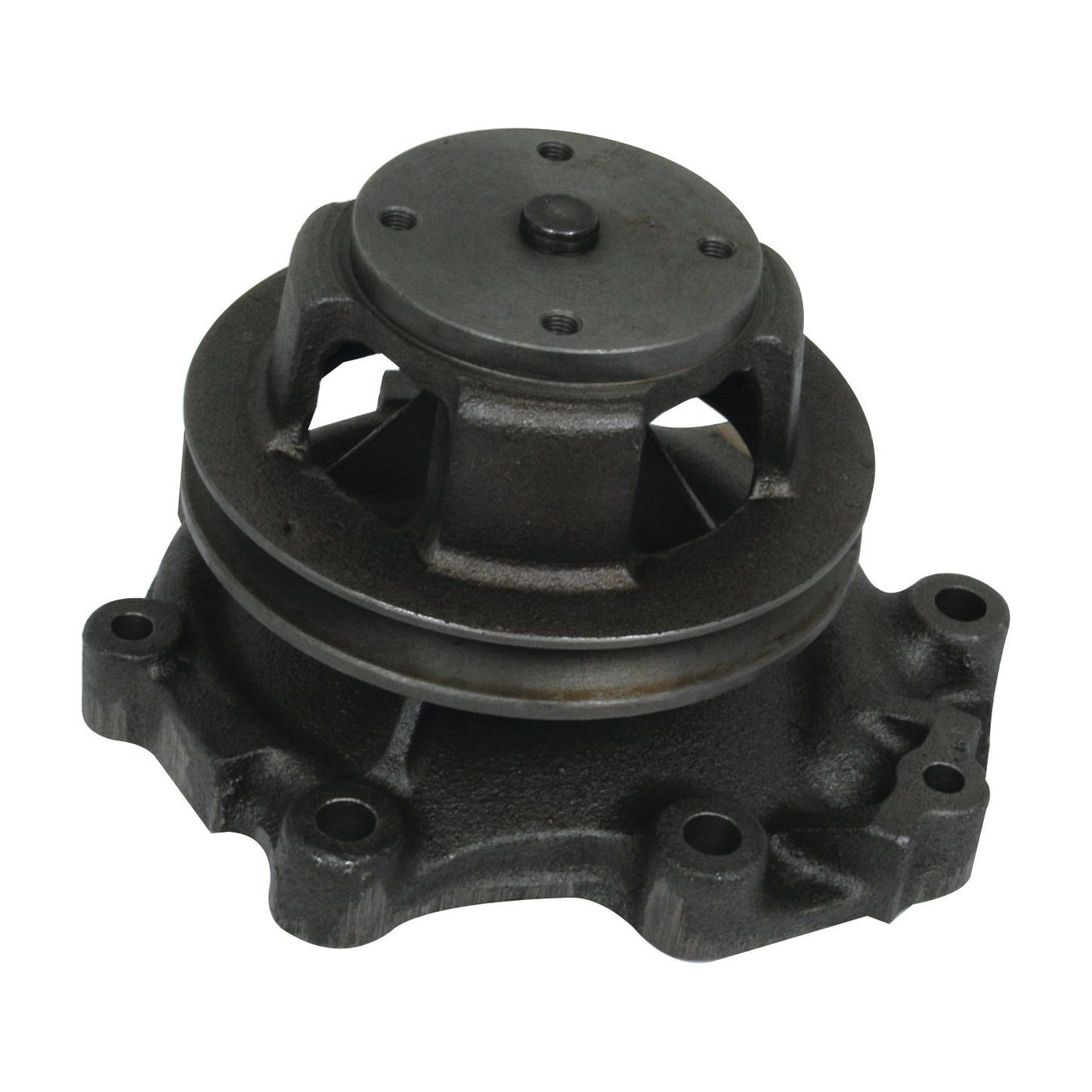 The Sparex Water Pump Assembly (S.65018), supplied with a pulley, is a metallic engine component featuring a single groove half pump housing with a round top and multiple bolt holes. Often used in automotive water pump systems, it is compatible with Ford New Holland applications.