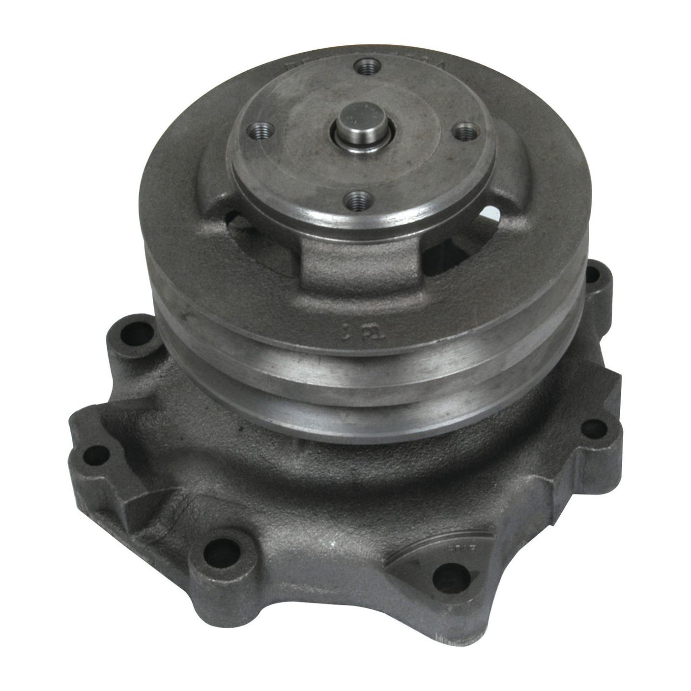 A detailed shot of a metallic automotive engine component, specifically the Sparex Water Pump Assembly (S.65019) supplied with a Poly-Vee Pulley attached on top, compatible with Ford/New Holland.